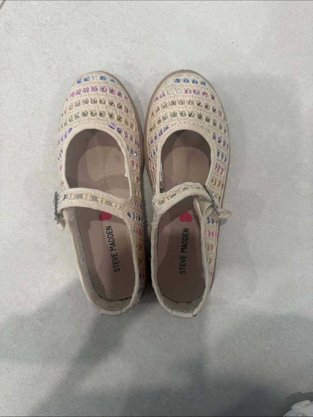 Steve Madden Kids Cream Mary Jane Flats with Pastel Multi-Accent